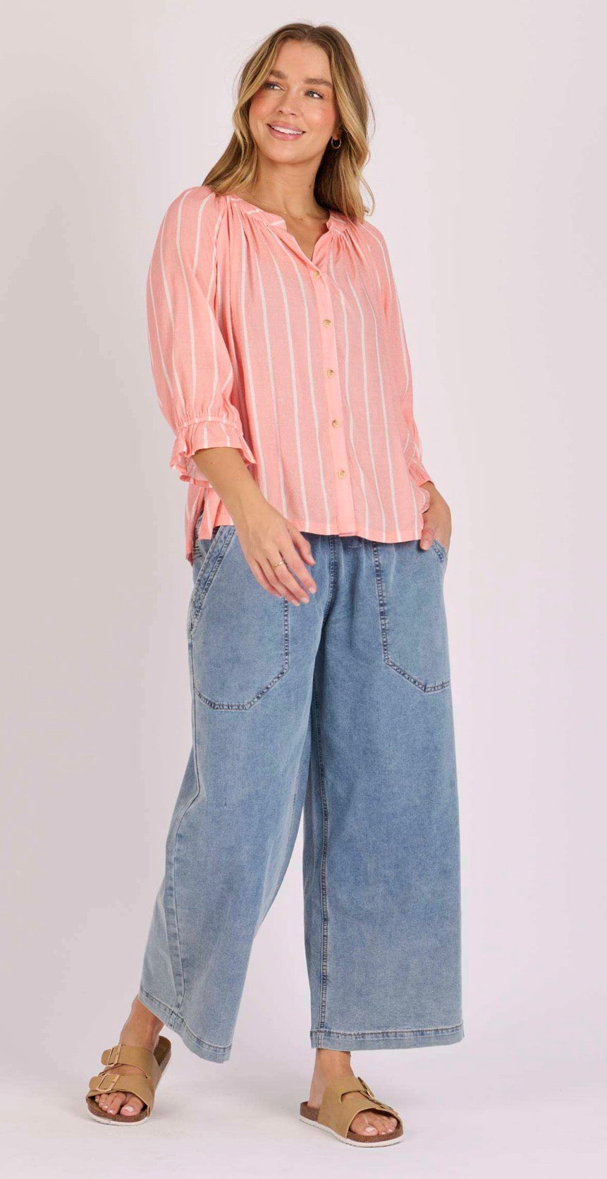 Blush Stripe Frill Cuff Blouse