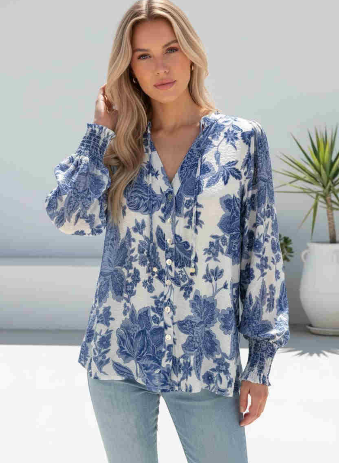 Blue Floral Shirred Cuff Blouse