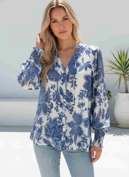 Blue Floral Shirred Cuff Blouse