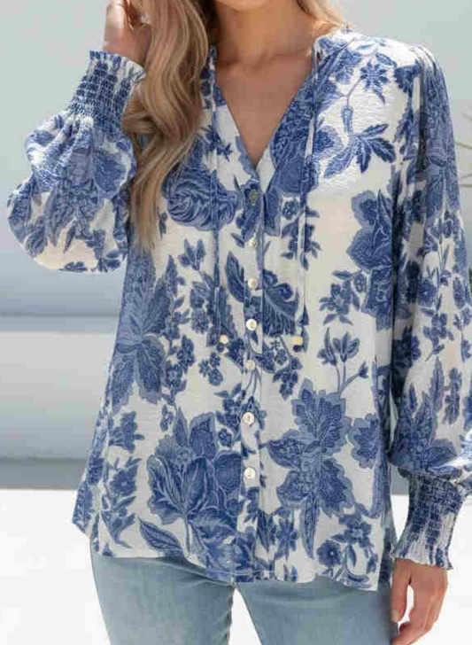 Blue Floral Shirred Cuff Blouse