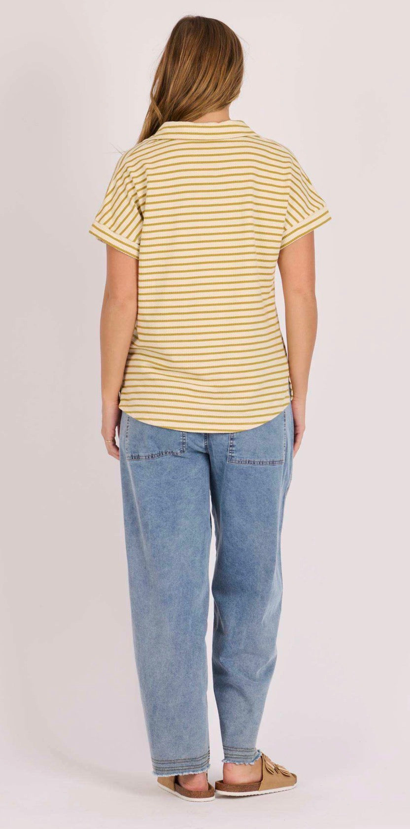 Relaxed Collared Tee – Olive Stripe