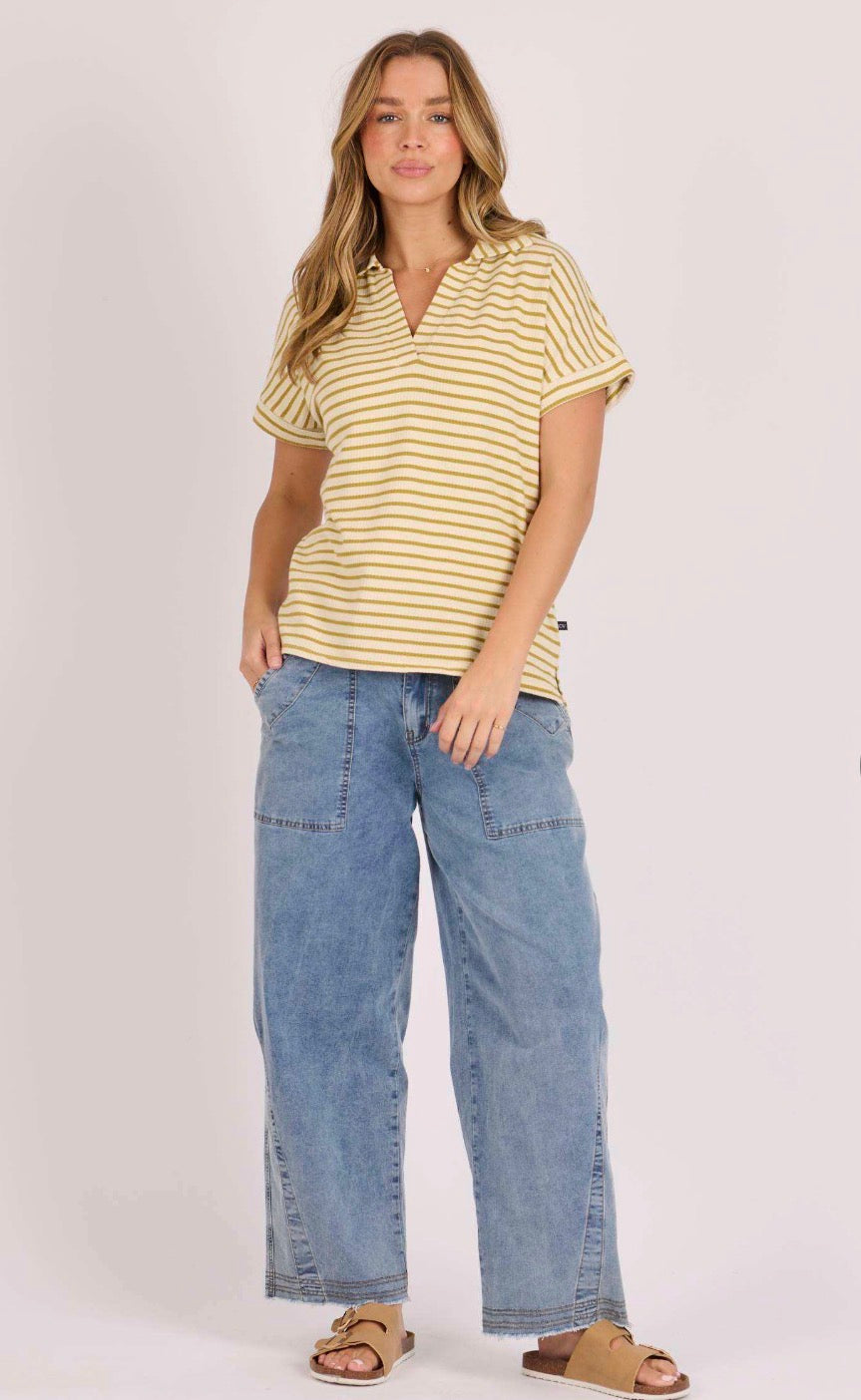 Relaxed Collared Tee – Olive Stripe