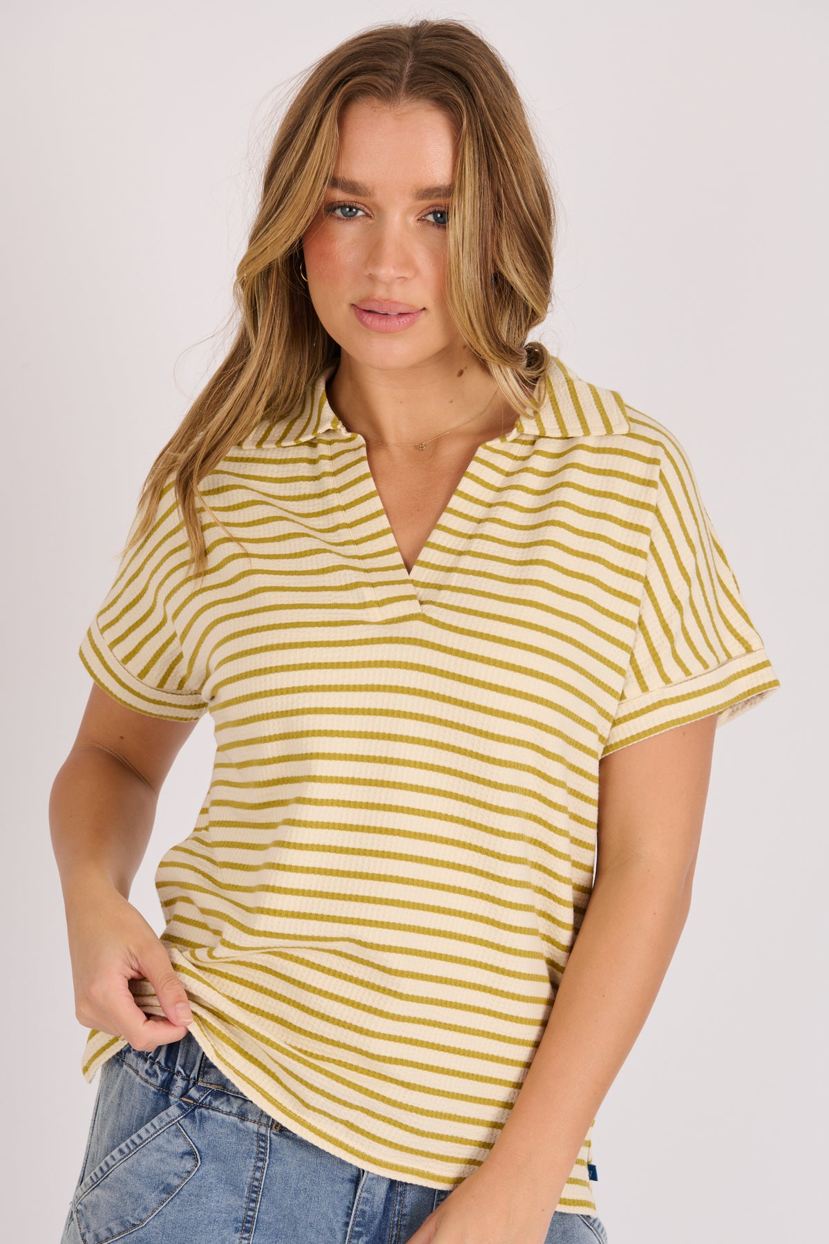 Relaxed Collared Tee – Olive Stripe