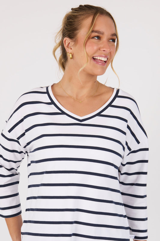 V neck 3/4 sleeve striped tee