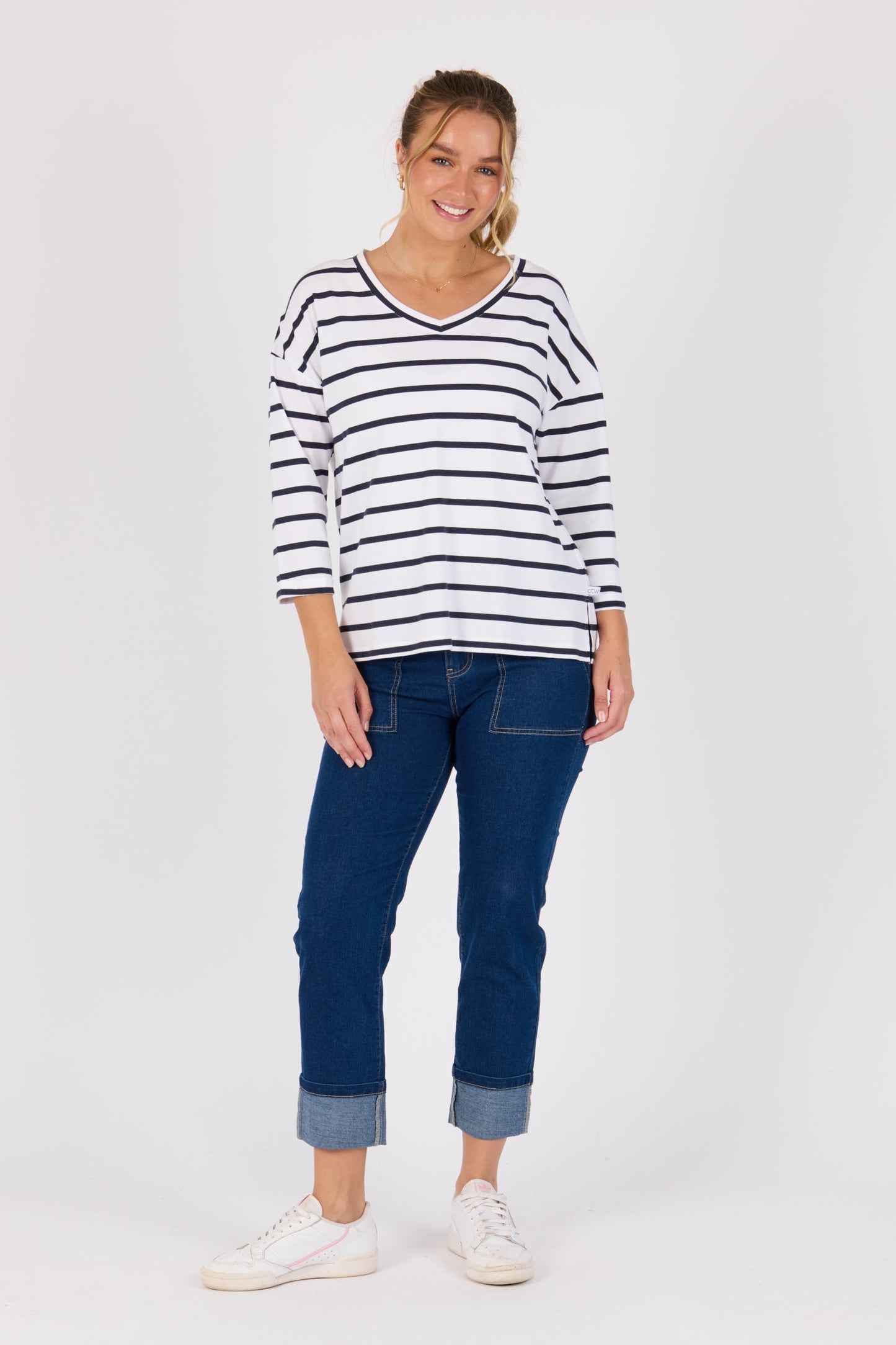 V neck 3/4 sleeve striped tee