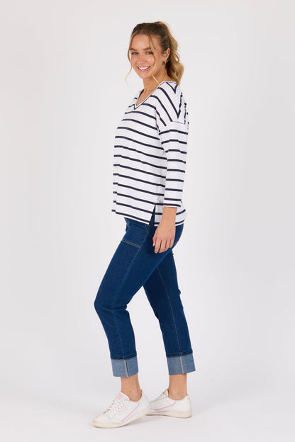 V neck 3/4 sleeve striped tee