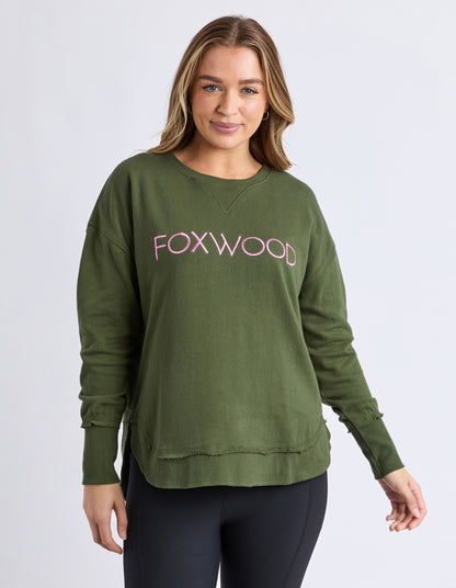 Simplified Metallic Crew Jumper - Olive w/ Pink