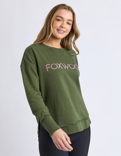 Simplified Metallic Crew Jumper - Olive w/ Pink