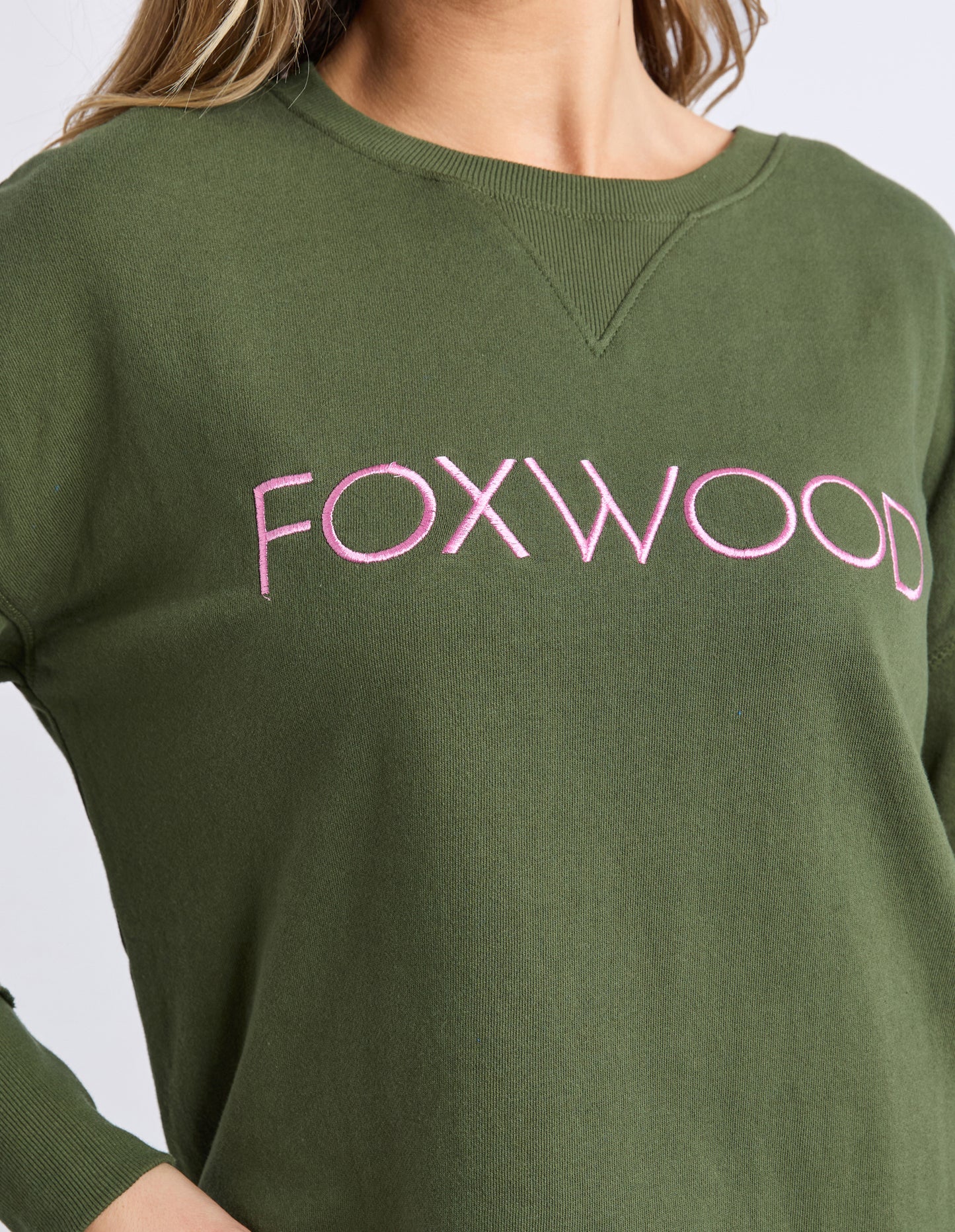Simplified Metallic Crew Jumper - Olive w/ Pink