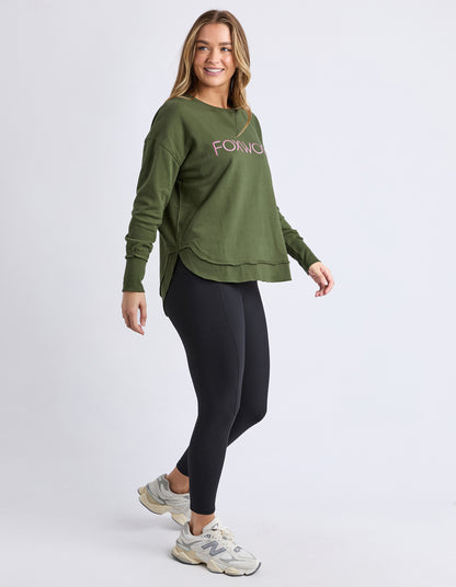 Simplified Metallic Crew Jumper - Olive w/ Pink